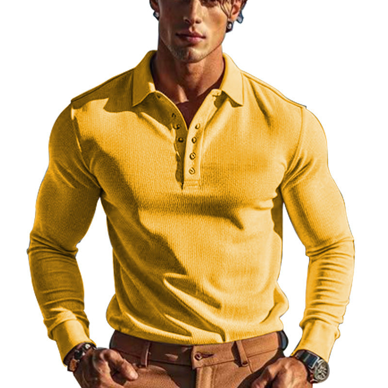 American Men's T-shirt Waffle Casual Polo Collar Button Slim-fit Long Sleeve